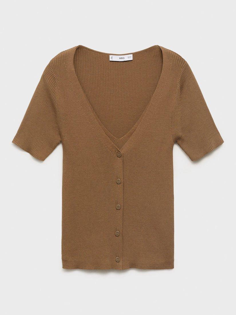 Product image 3 of 6, which shows Mango Orquidea V-Neck Short Sleeve Cardigan, Medium Brown, XS