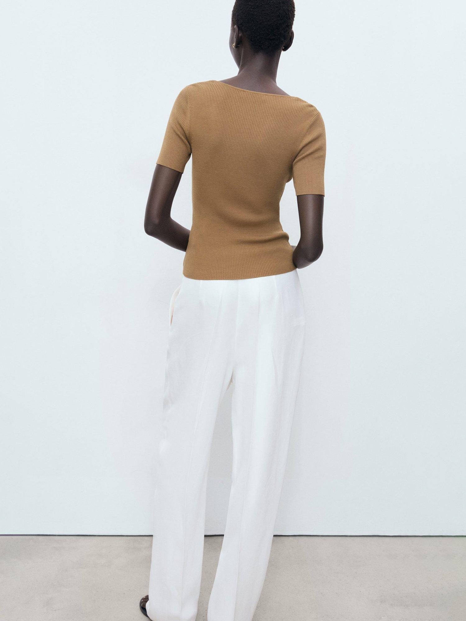 Product image 4 of 6, which shows Mango Orquidea V-Neck Short Sleeve Cardigan, Medium Brown, XS