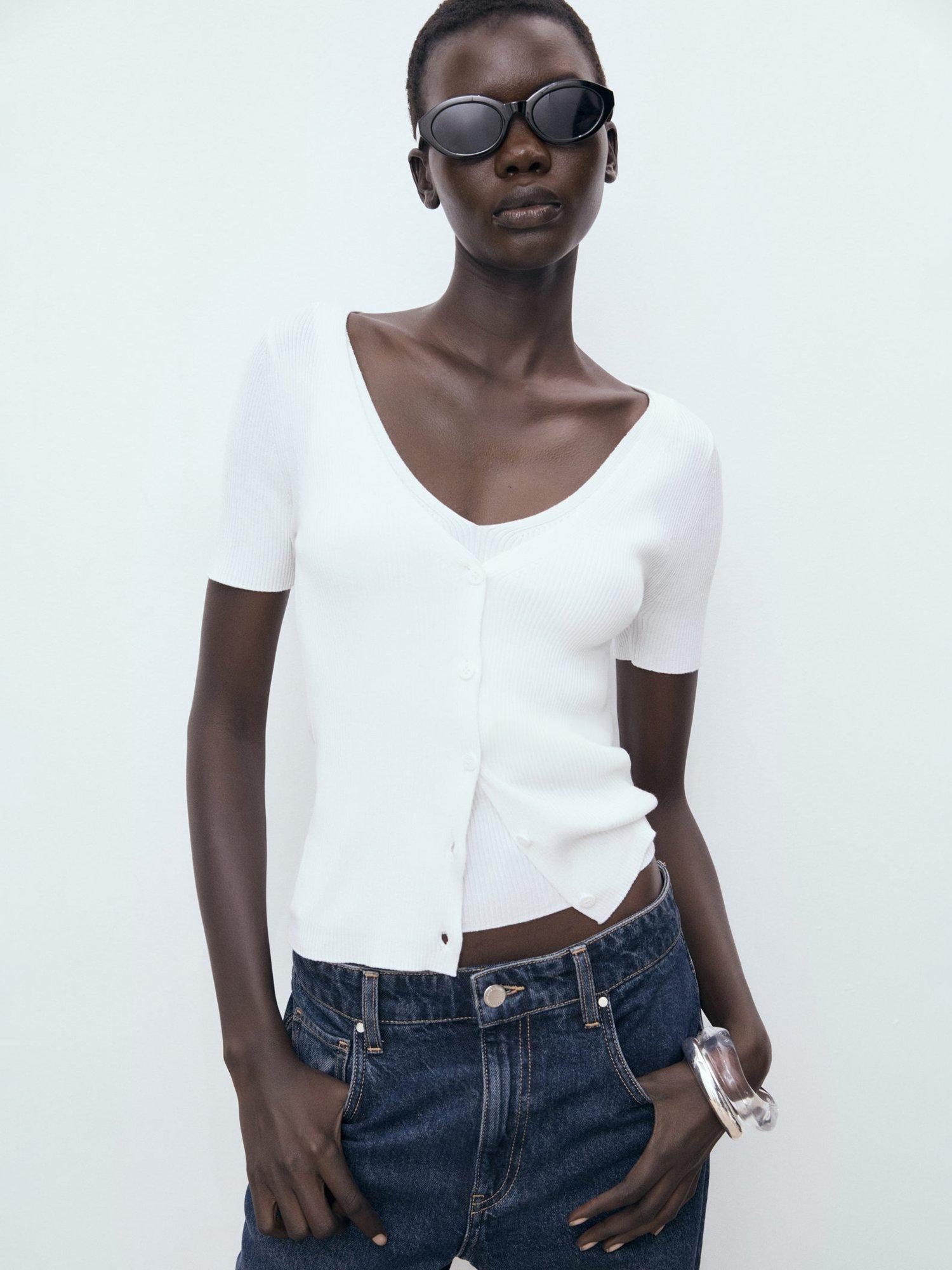 Product image 1 of 7, which shows Mango Orquidea V-Neck Short Sleeve Cardigan, White, XXS