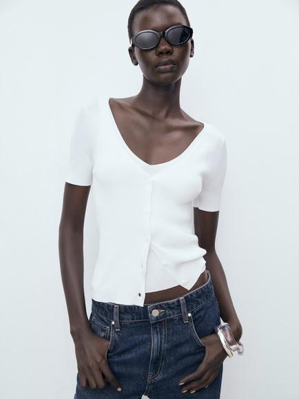 Mango Orquidea V-Neck Short Sleeve Cardigan, White