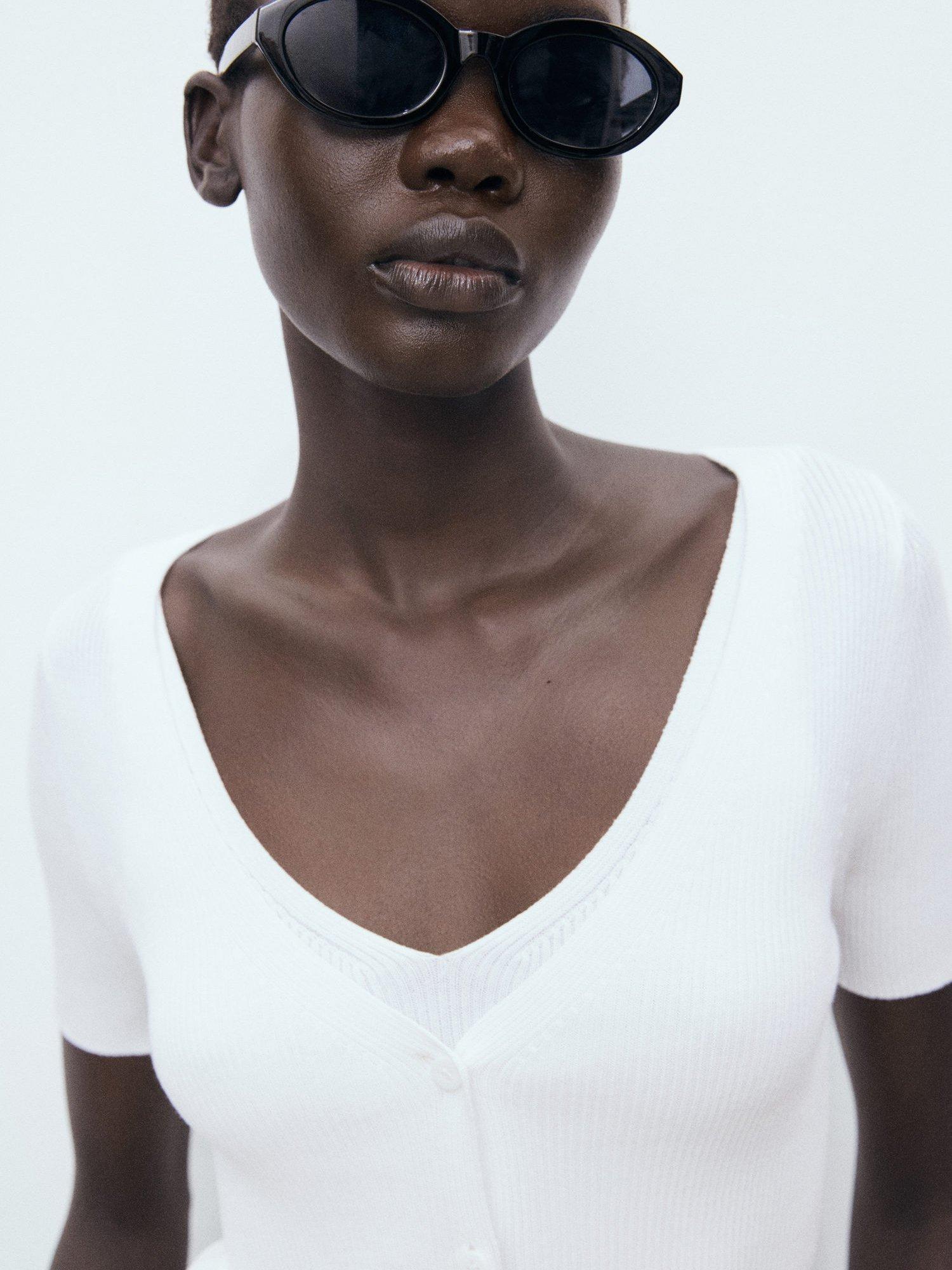 Product image 6 of 7, which shows Mango Orquidea V-Neck Short Sleeve Cardigan, White, XXS