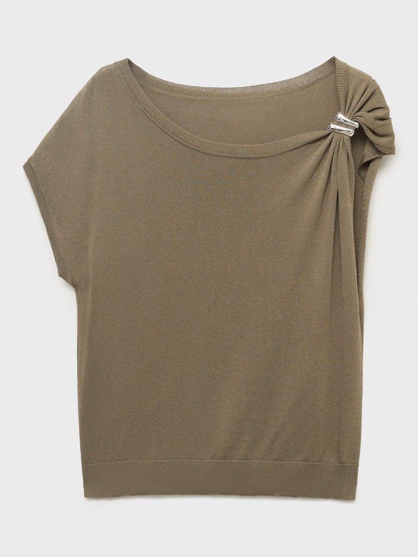 Product image 3 of 7, which shows Mango Sophia Ruched Shoulder Knit Top, Medium Brown, XXS