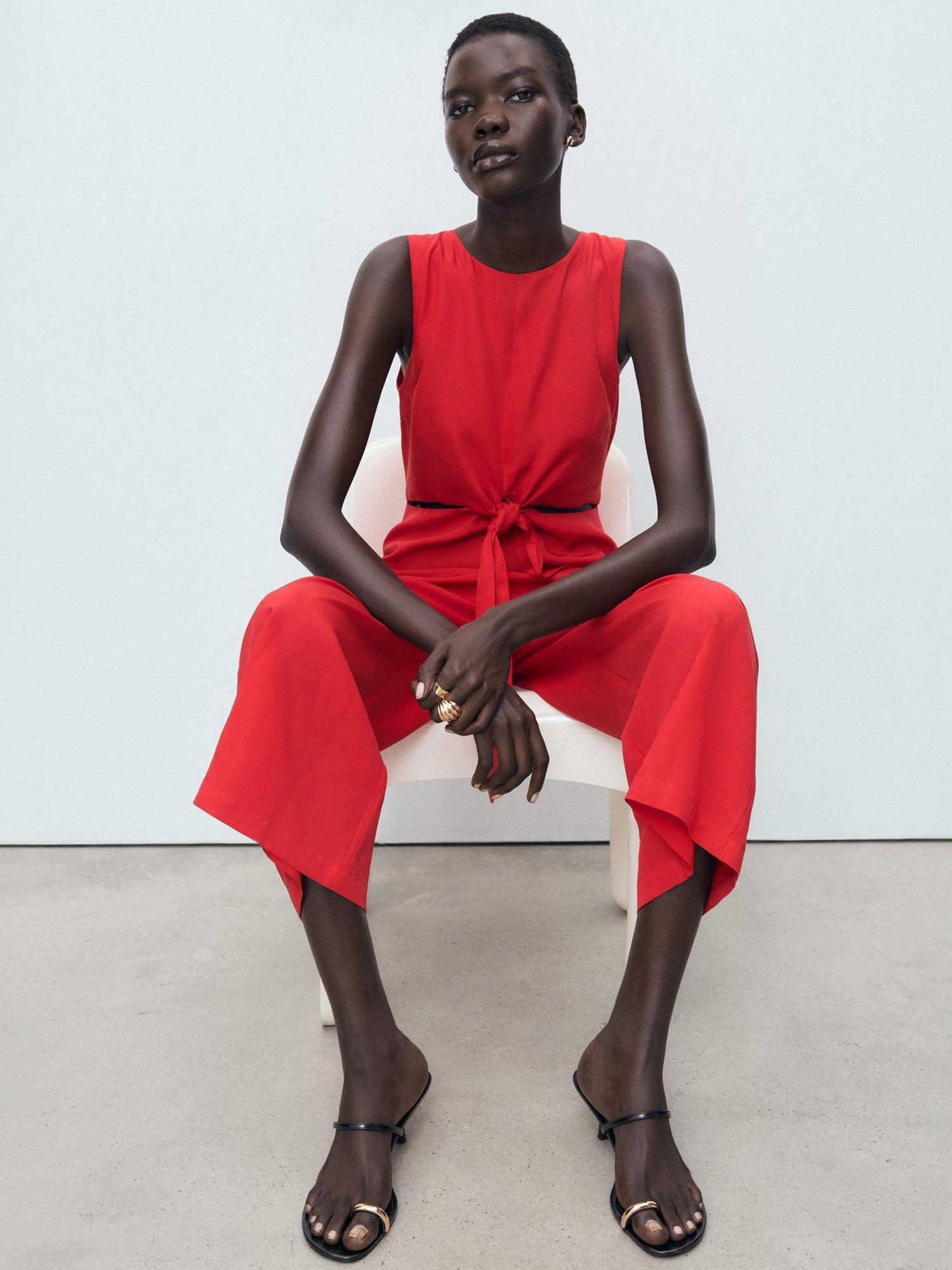 Product image 6 of 7, which shows Mango Lana Knot Detail Jumpsuit, Red, S