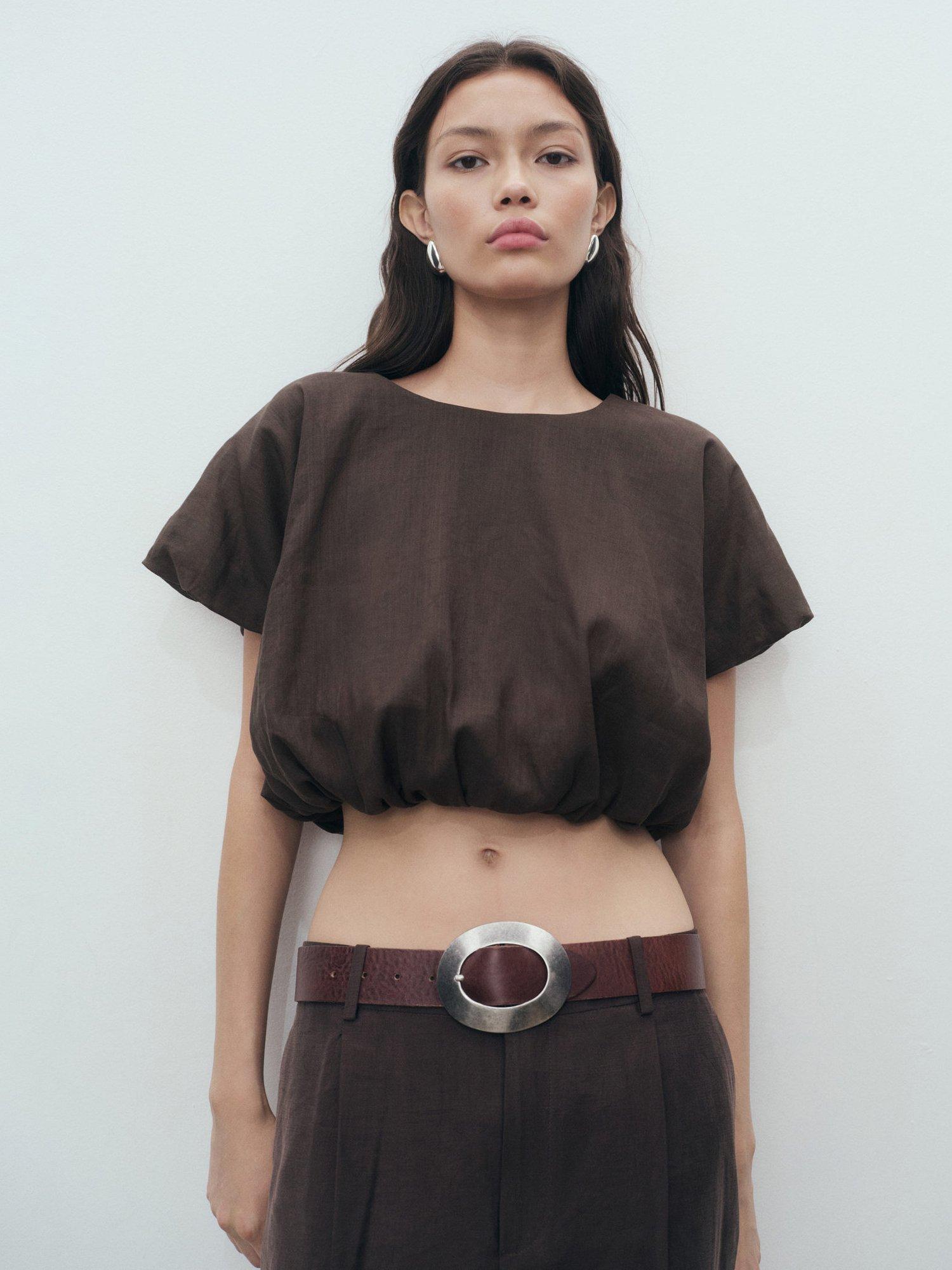Product image 1 of 7, which shows Mango Camilie Cotton Blend Short Sleeve Round Neck Blouse, Brown, 10
