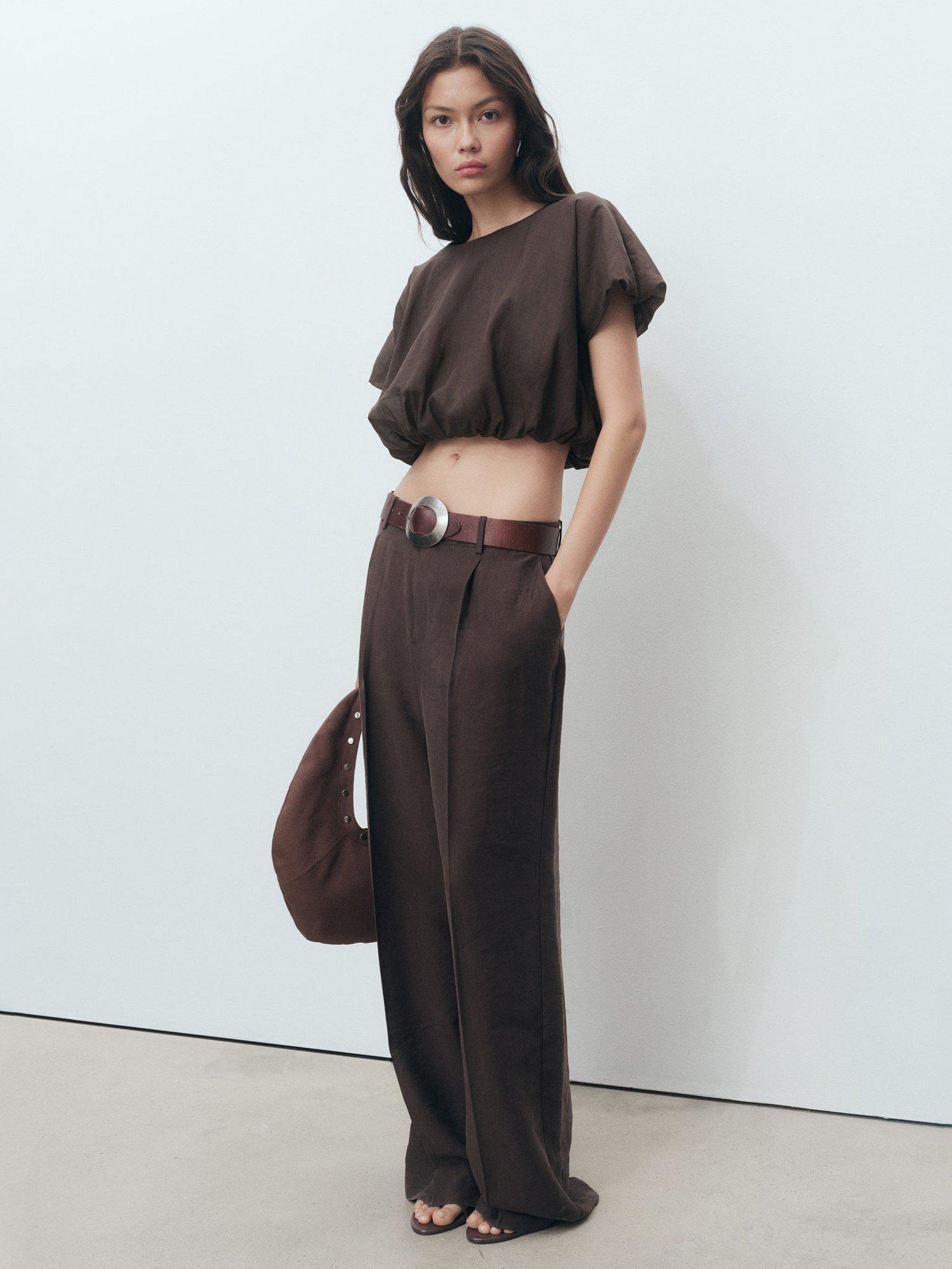 Product image 2 of 7, which shows Mango Camilie Cotton Blend Short Sleeve Round Neck Blouse, Brown, 10