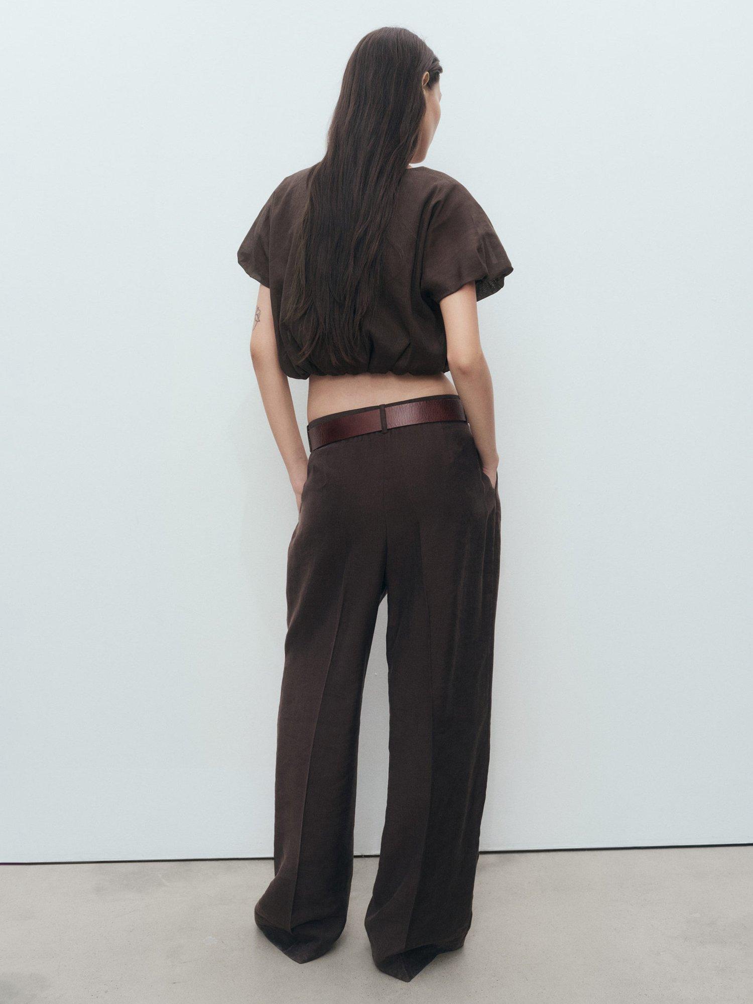 Product image 4 of 7, which shows Mango Camilie Cotton Blend Short Sleeve Round Neck Blouse, Brown, 10