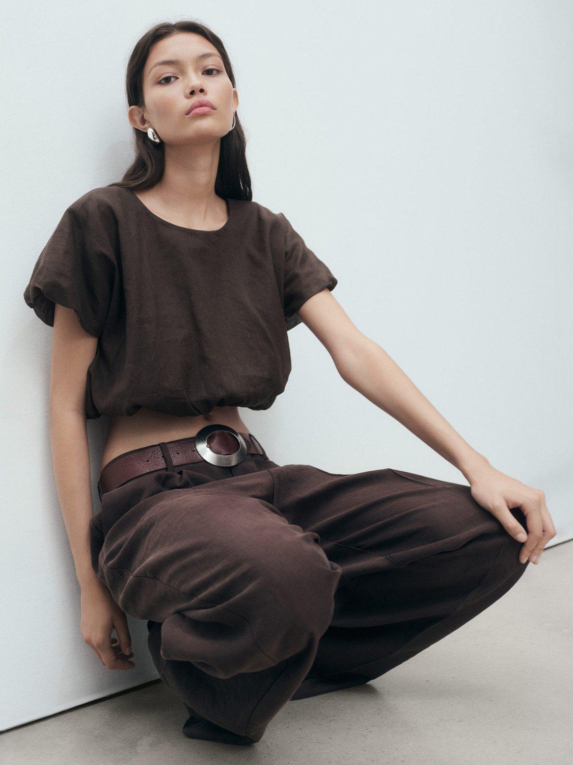 Product image 6 of 7, which shows Mango Camilie Cotton Blend Short Sleeve Round Neck Blouse, Brown, 10