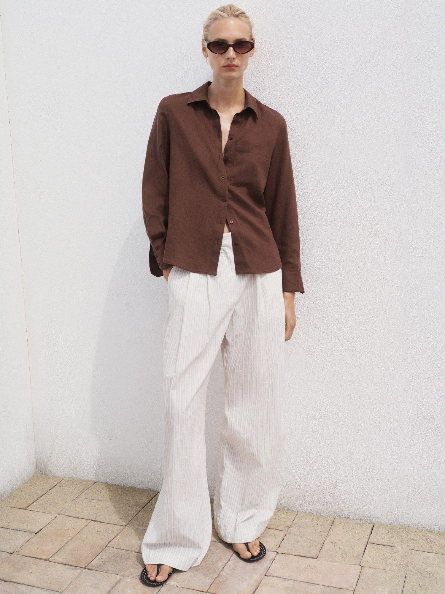 Product image 1 of 8, which shows Mango Lino Patch Pocket Shirt, Dark Brown, 8