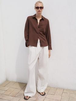 Mango Lino Patch Pocket Shirt, Dark Brown, Dark Brown