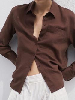 Mango Lino Patch Pocket Shirt, Dark Brown - view 2, Dark Brown