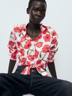 Mango Pola Cotton Blend Floral Long Sleeve Collar Shirt, Natural White