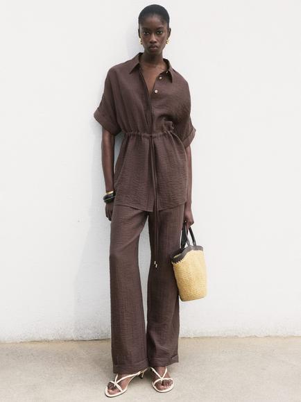 Mango Safari Tie Waist Shirt, Dark Brown, Dark Brown