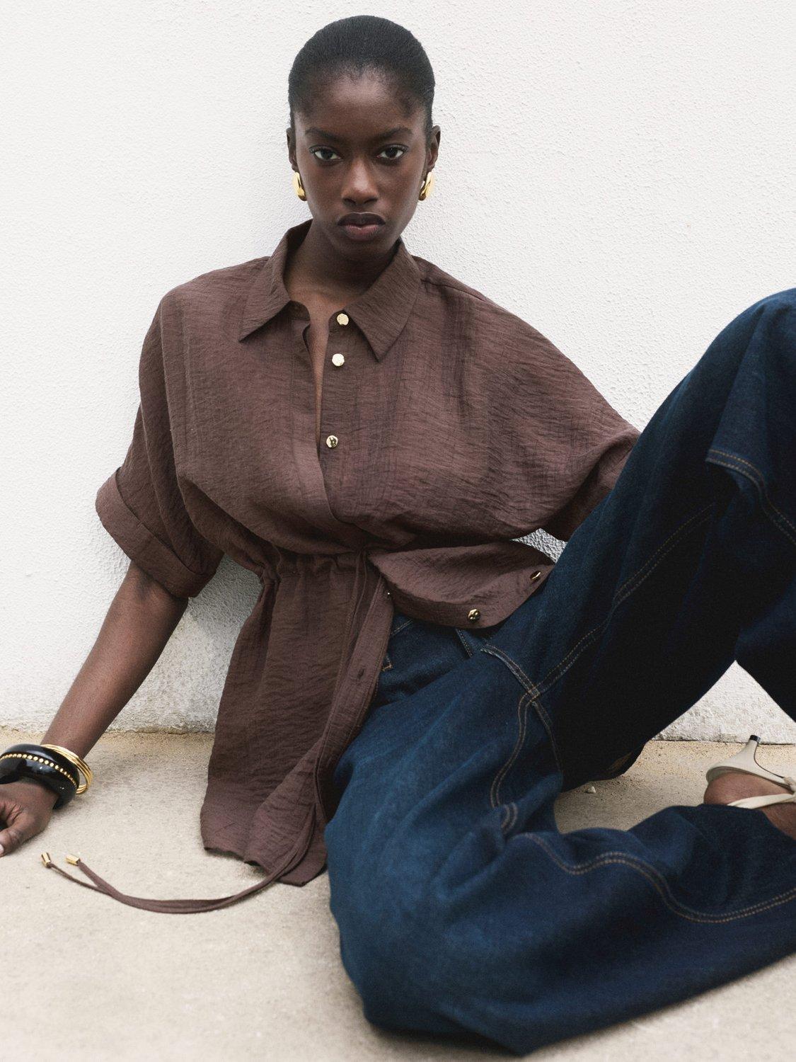 Product image 7 of 8, which shows Mango Safari Tie Waist Shirt, Dark Brown, 10