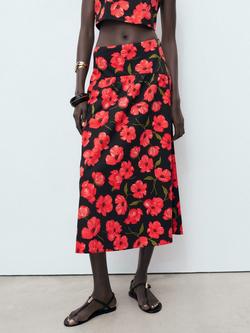 Mango Ama Floral Midi Skirt, Black/Multi, Black/Multi