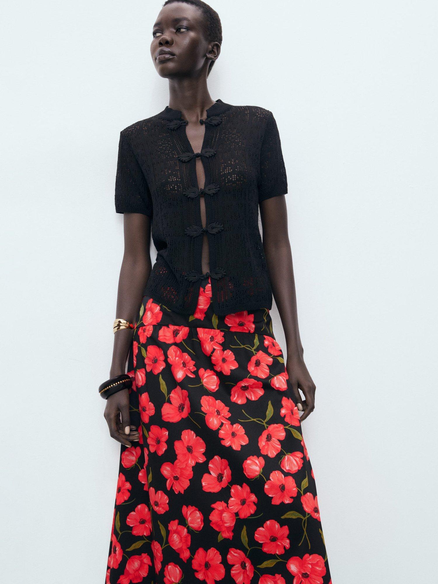 Product image 6 of 8, which shows Mango Ama Floral Midi Skirt, Black/Multi, 10