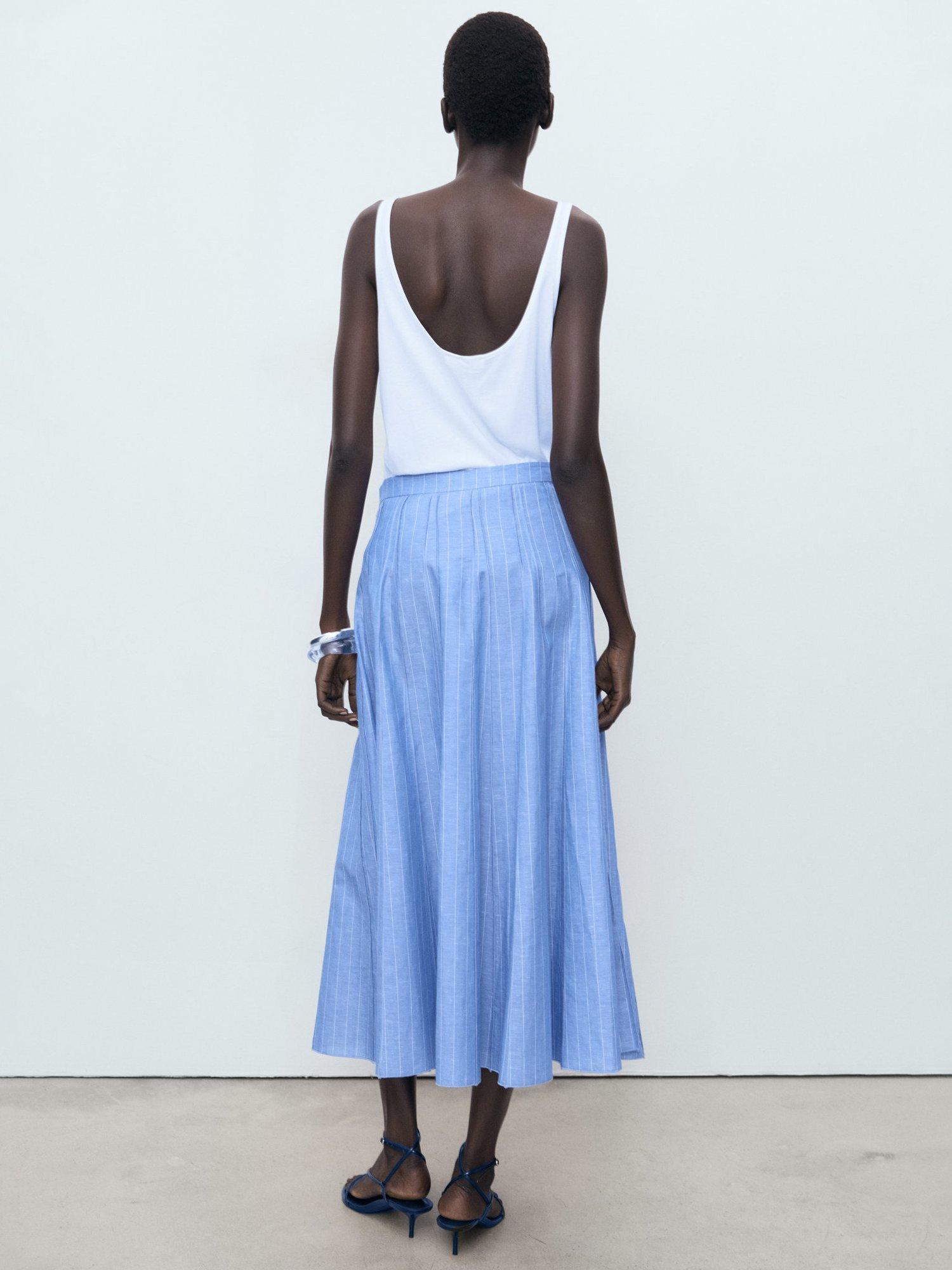 Product image 4 of 8, which shows Mango Dam Stripe Midi Skirt, Medium Blue, 10