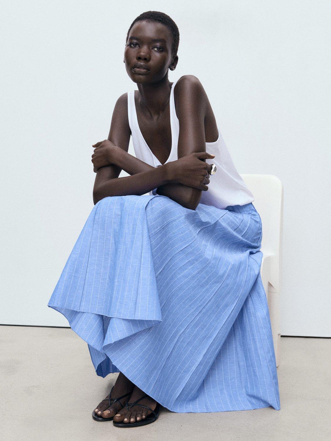 Product image 7 of 8, which shows Mango Dam Stripe Midi Skirt, Medium Blue, 10