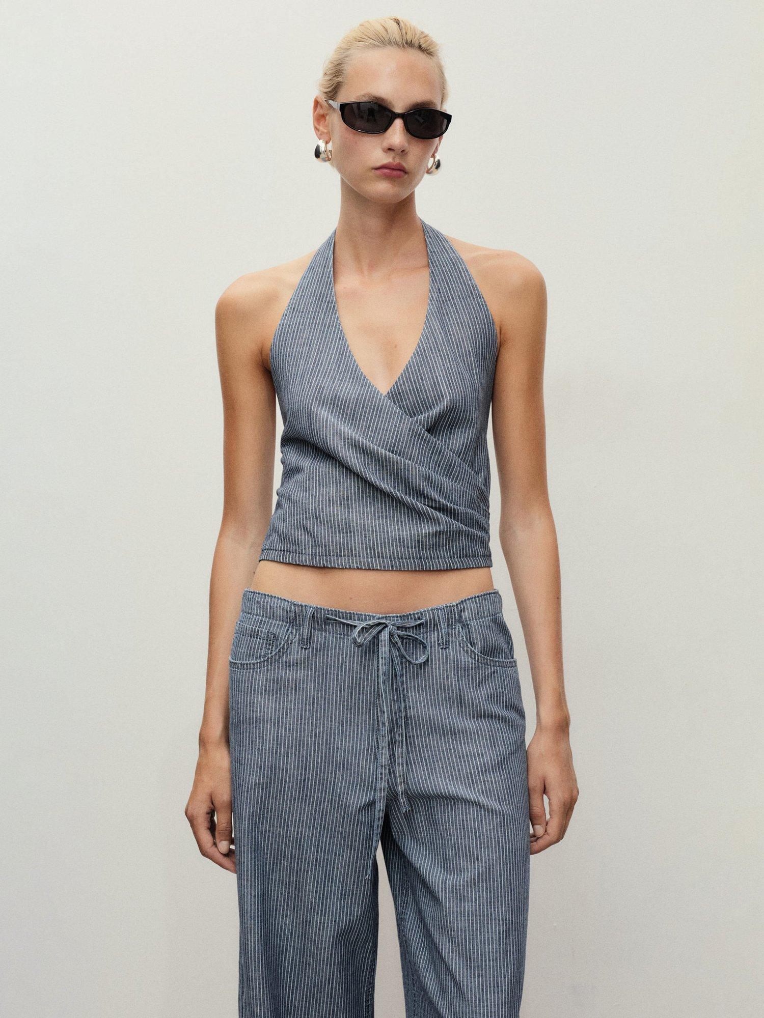 Product image 1 of 7, which shows Mango Blanes Stripe Halterneck Top, Medium Blue, S