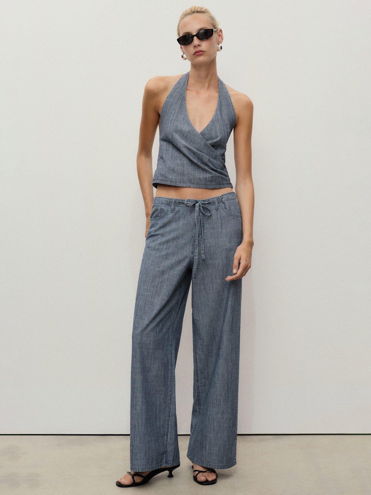 Product image 2 of 7, which shows Mango Blanes Stripe Halterneck Top, Medium Blue, S