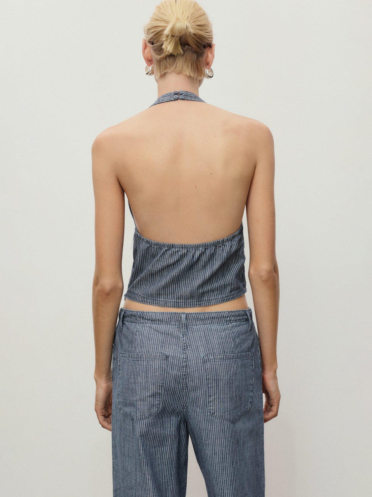 Product image 4 of 7, which shows Mango Blanes Stripe Halterneck Top, Medium Blue, S