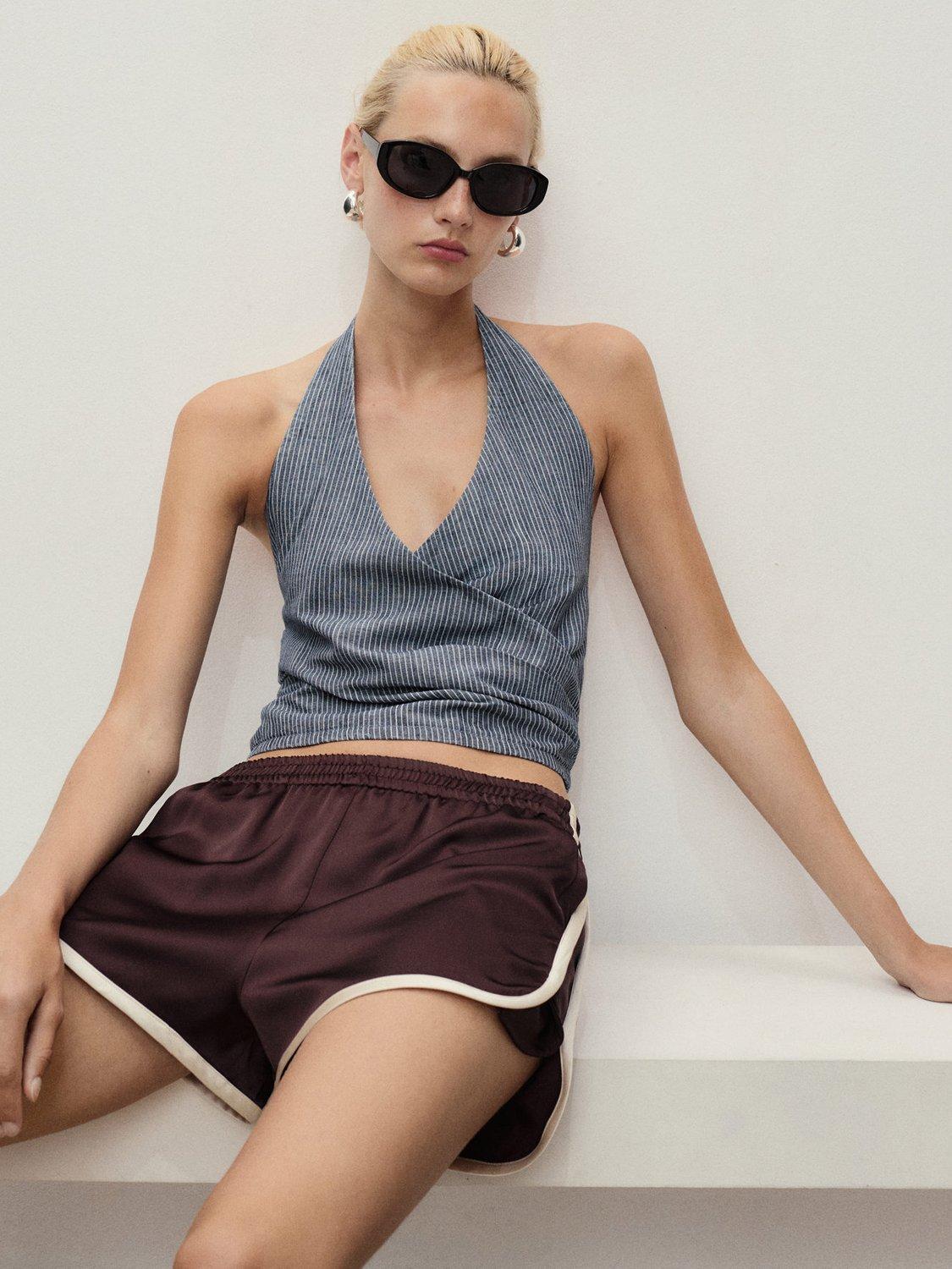 Product image 6 of 7, which shows Mango Blanes Stripe Halterneck Top, Medium Blue, S