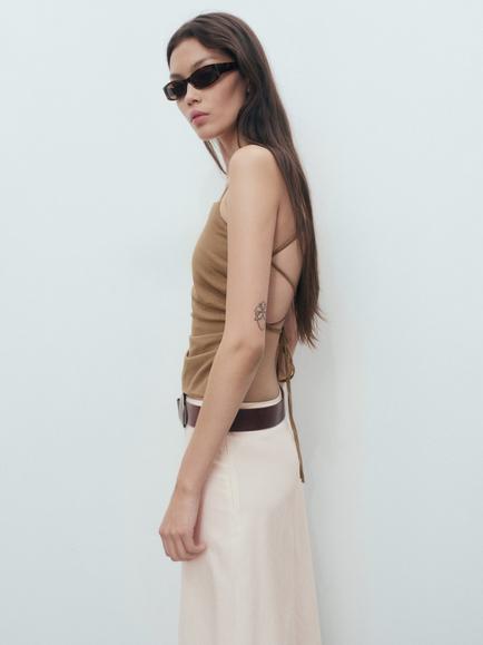 Mango James Tie Back Top, Pastel Brown - view 2, Pastel Brown