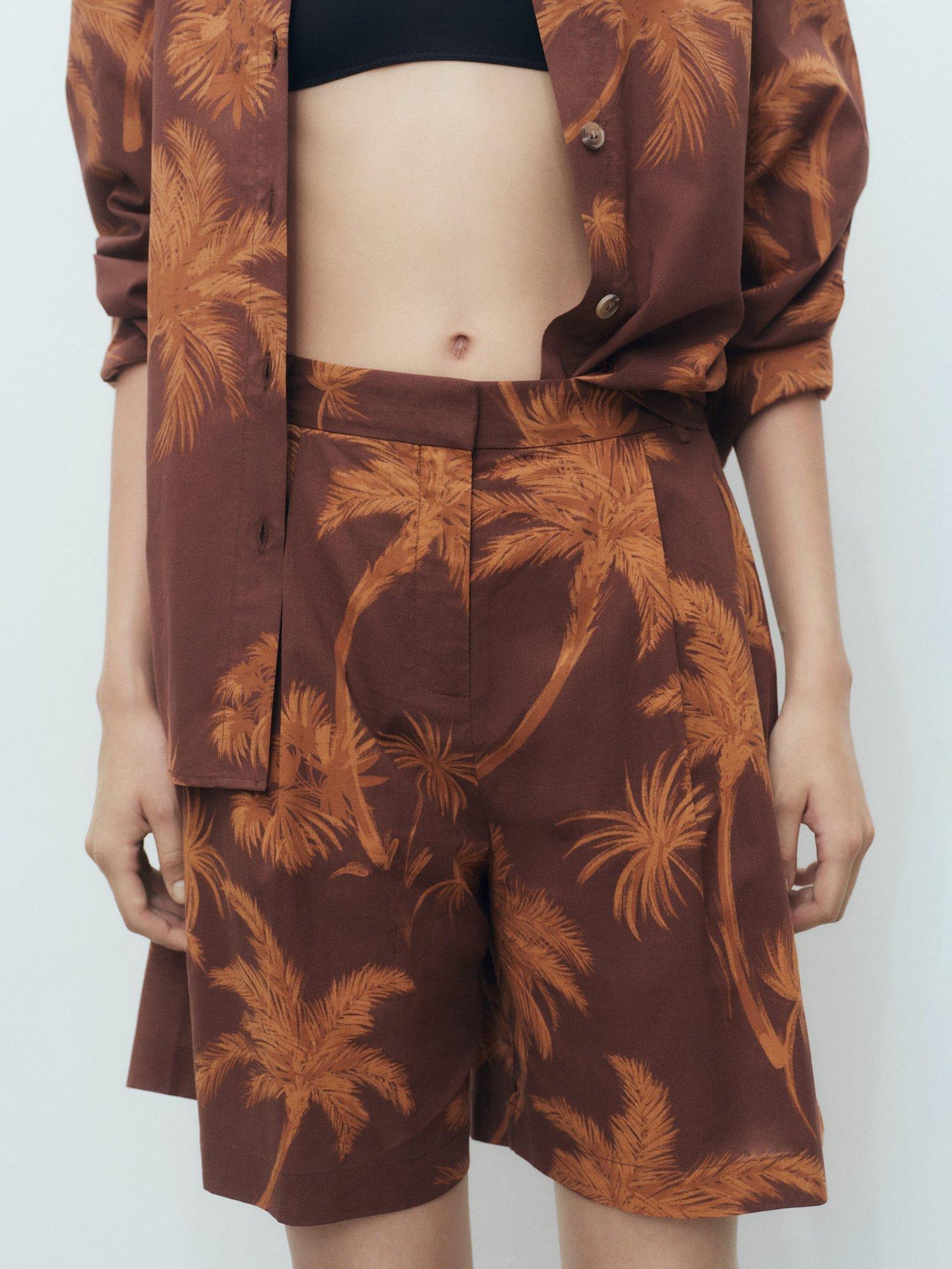 Product image 1 of 7, which shows Mango Lana Palm Print Shorts, Brown, 10