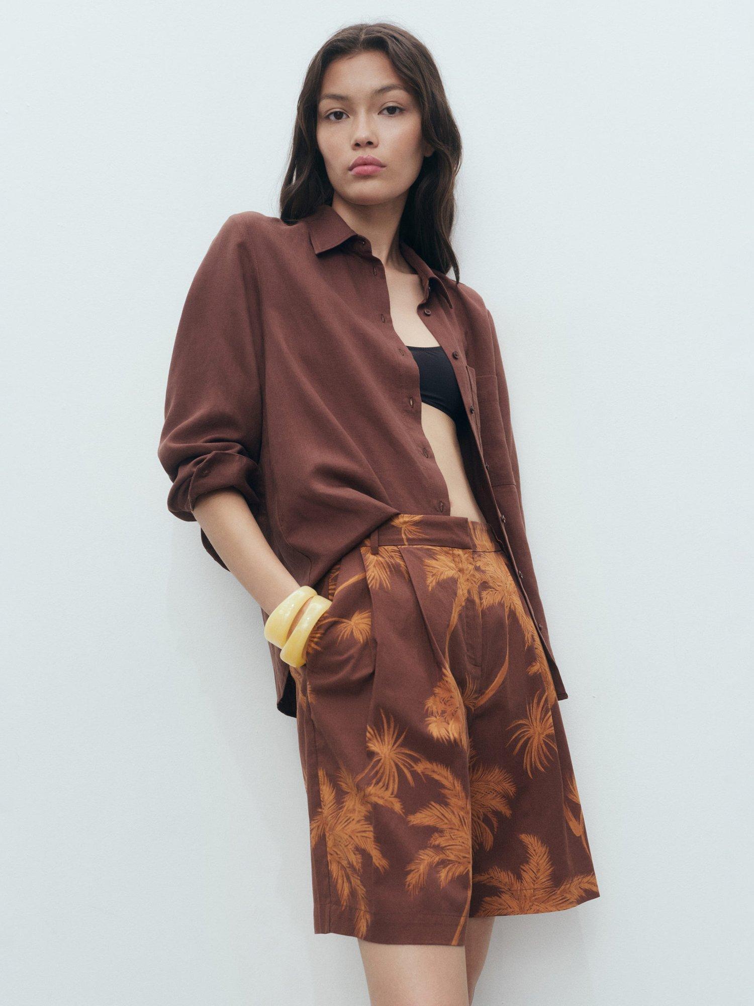 Product image 6 of 7, which shows Mango Lana Palm Print Shorts, Brown, 10