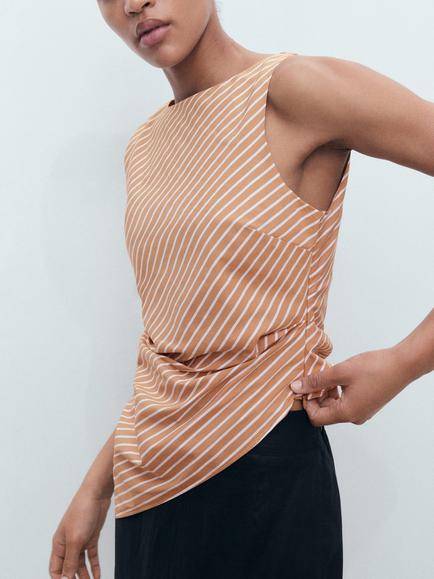 Mango Quartz Stripe Asymmetric Top, Brown - view 2, Brown