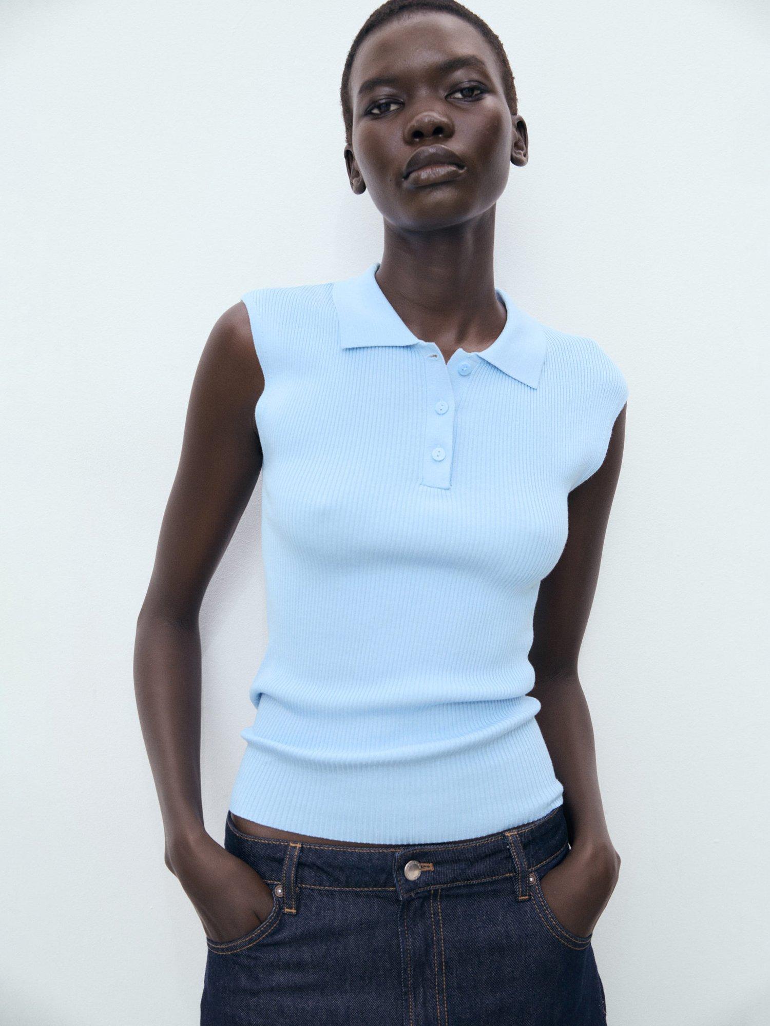 Product image 1 of 8, which shows Mango Rosi Cotton Blend Cap Sleeve Collar Polo Shirt , Pastel Blue, L