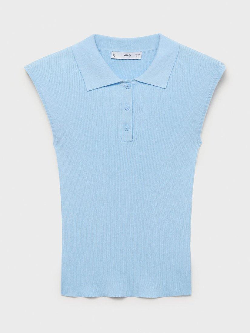 Product image 3 of 8, which shows Mango Rosi Cotton Blend Cap Sleeve Collar Polo Shirt , Pastel Blue, L