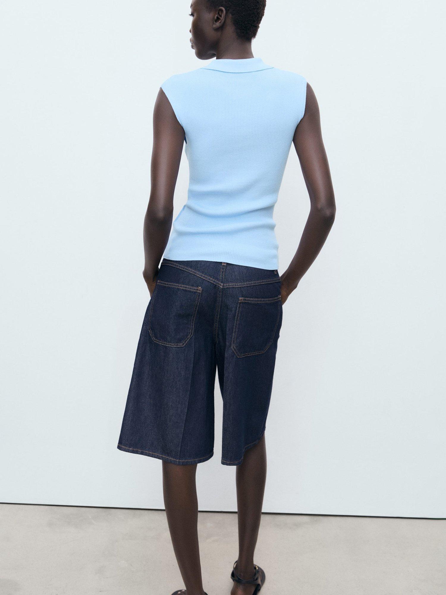 Product image 4 of 8, which shows Mango Rosi Cotton Blend Cap Sleeve Collar Polo Shirt , Pastel Blue, L