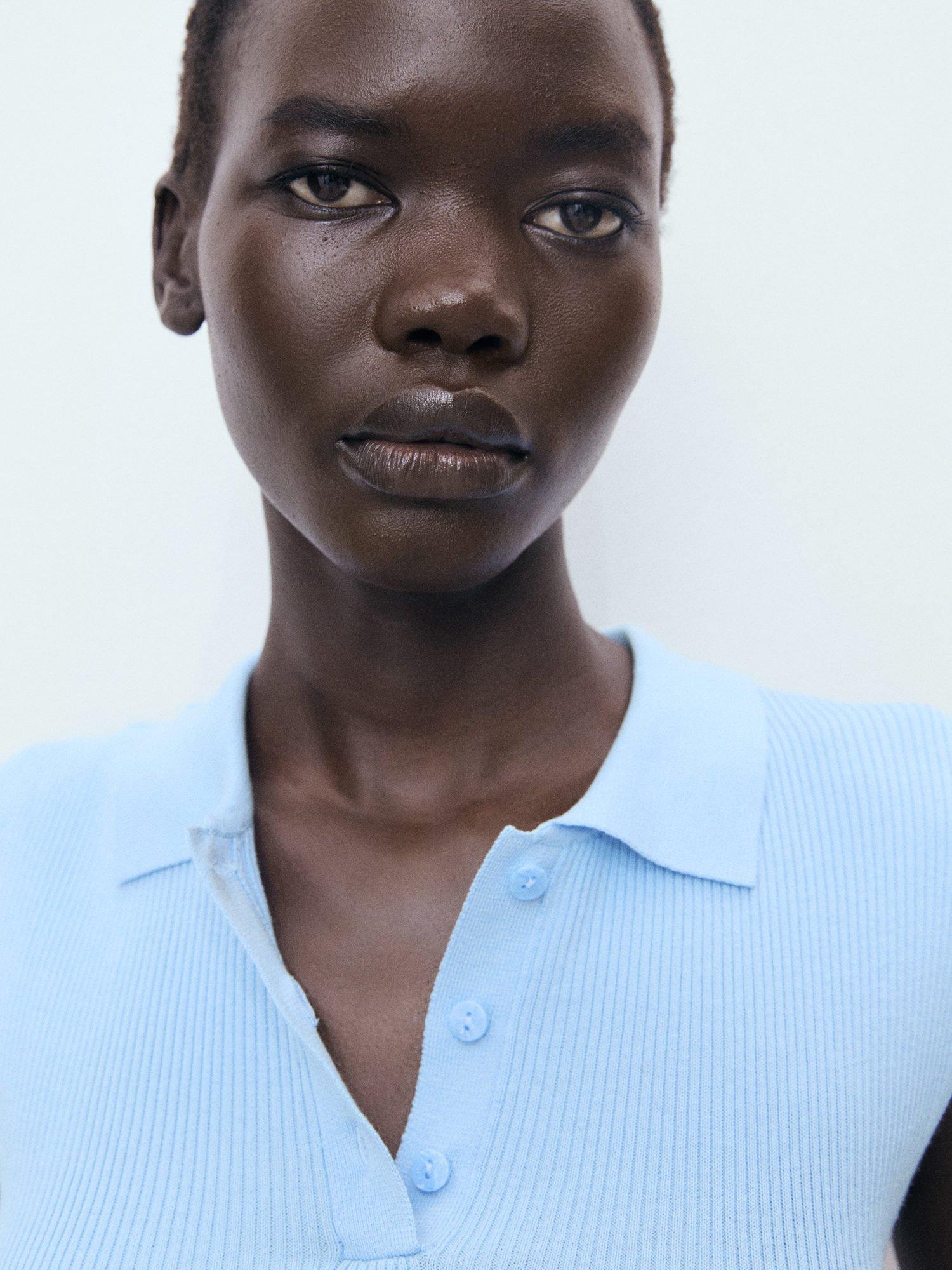 Product image 6 of 8, which shows Mango Rosi Cotton Blend Cap Sleeve Collar Polo Shirt , Pastel Blue, L