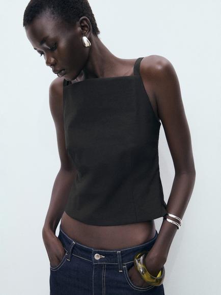 Mango Sweety Square Neck Top, Black, Black