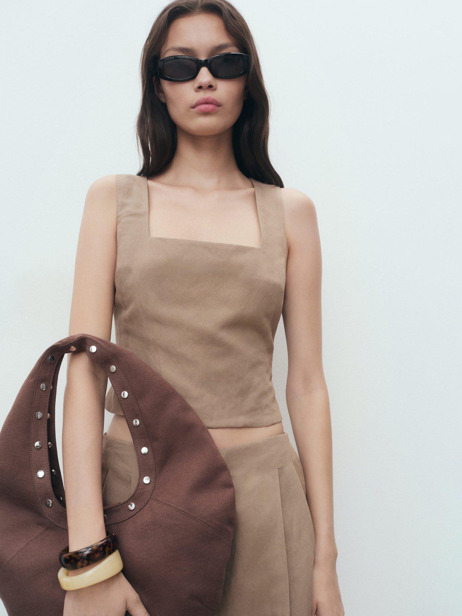 Product image 1 of 7, which shows Mango Teresa Cross Back Top, Brown, L