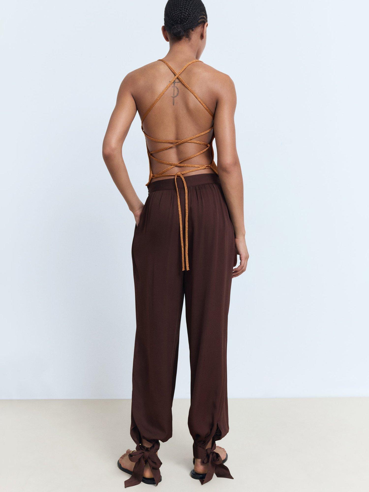 Product image 4 of 7, which shows Mango Odalisca Tie Detail Trousers, Dark Brown, 10