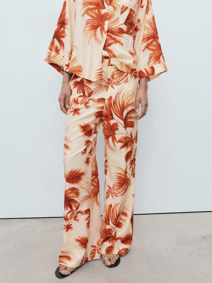 Mango Palm Print Wide Leg Trousers, Natural White, Natural White