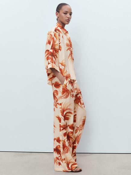 Mango Palm Print Wide Leg Trousers, Natural White - view 2, Natural White