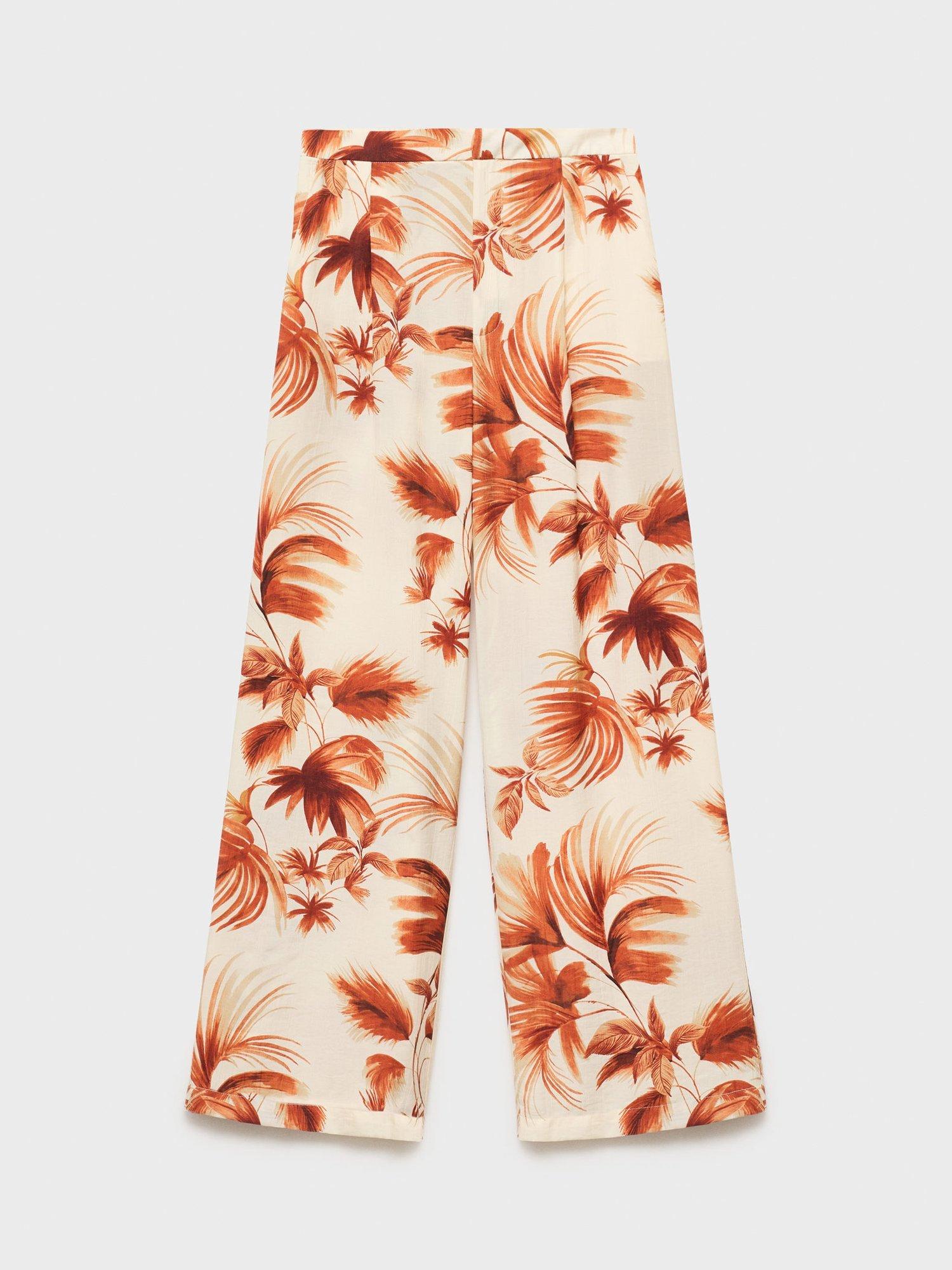 Product image 3 of 8, which shows Mango Palm Print Wide Leg Trousers, Natural White, XXXL