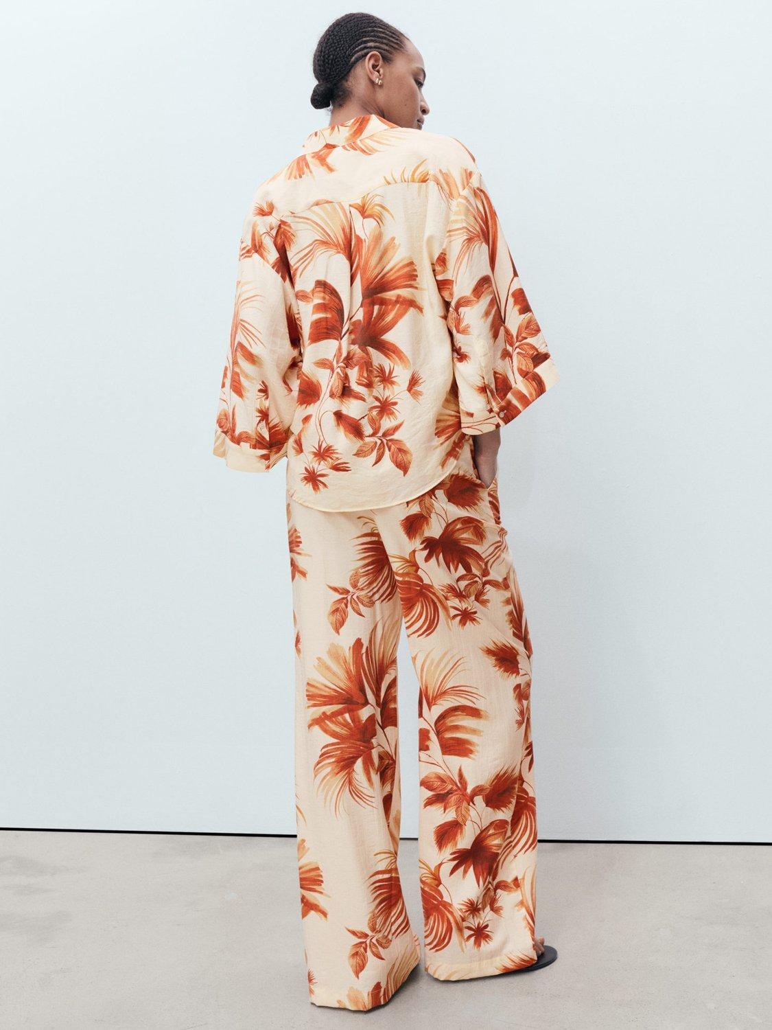 Product image 4 of 8, which shows Mango Palm Print Wide Leg Trousers, Natural White, XXXL