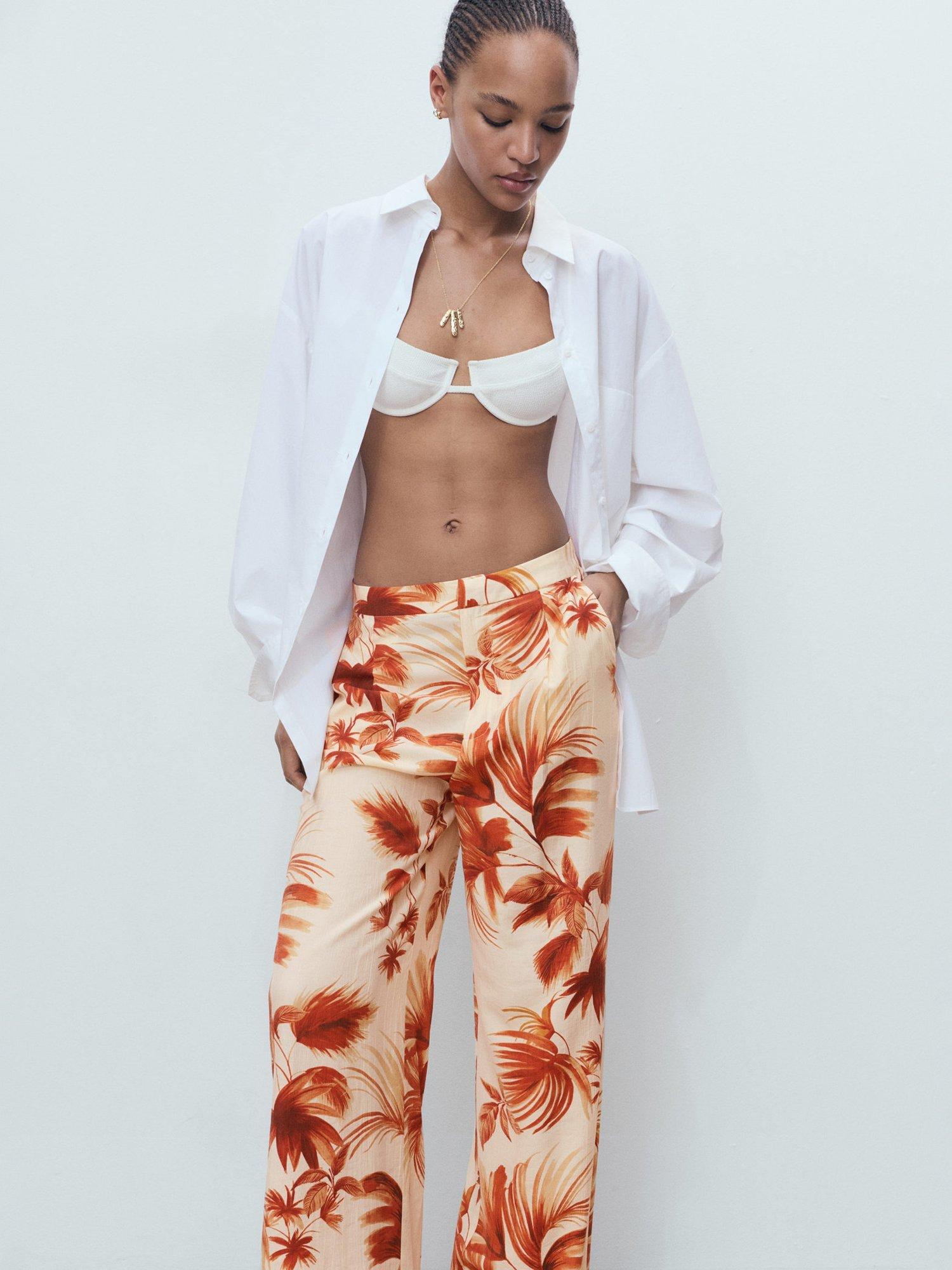 Product image 6 of 8, which shows Mango Palm Print Wide Leg Trousers, Natural White, XXXL