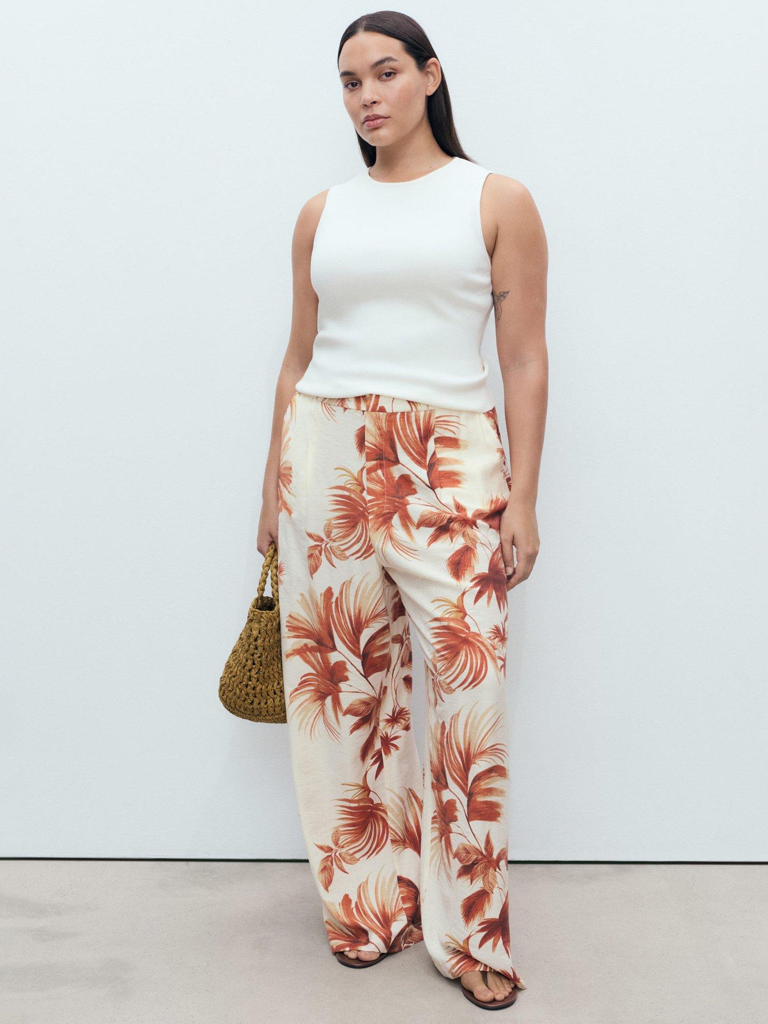 Product image 7 of 8, which shows Mango Palm Print Wide Leg Trousers, Natural White, XXXL