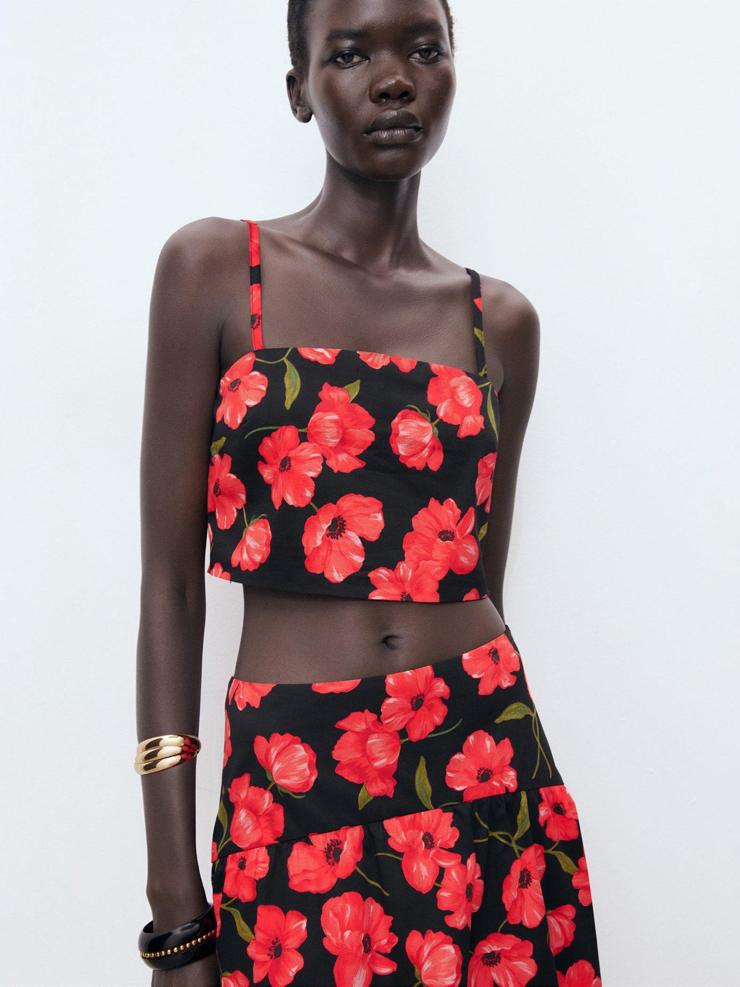 Product image 1 of 8, which shows Mango Ama Floral Crop Top, Black, L