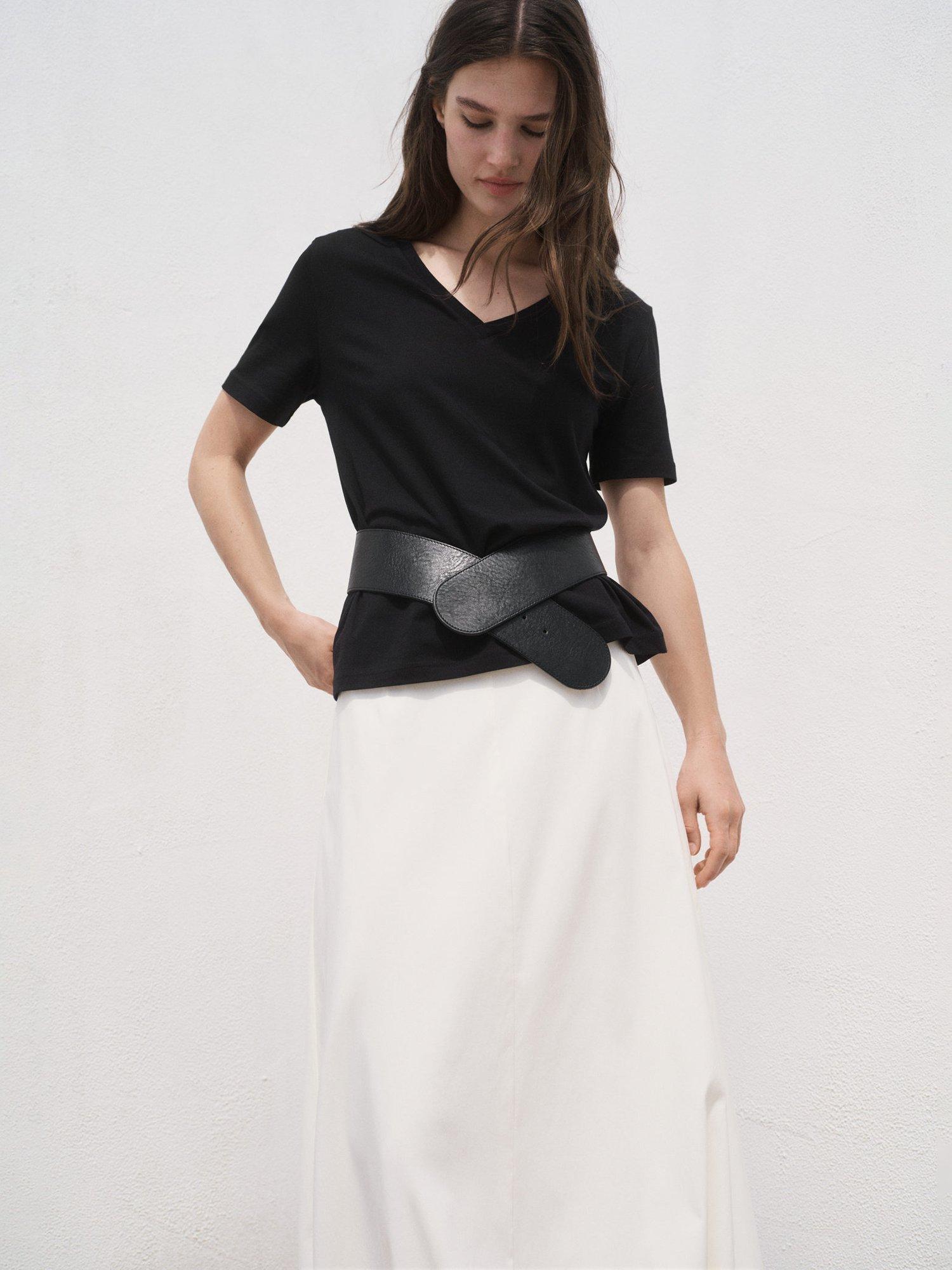 Product image 1 of 8, which shows Mango Chalspic Cotton Short Sleeve V Neck T-Shirt, Black, XS