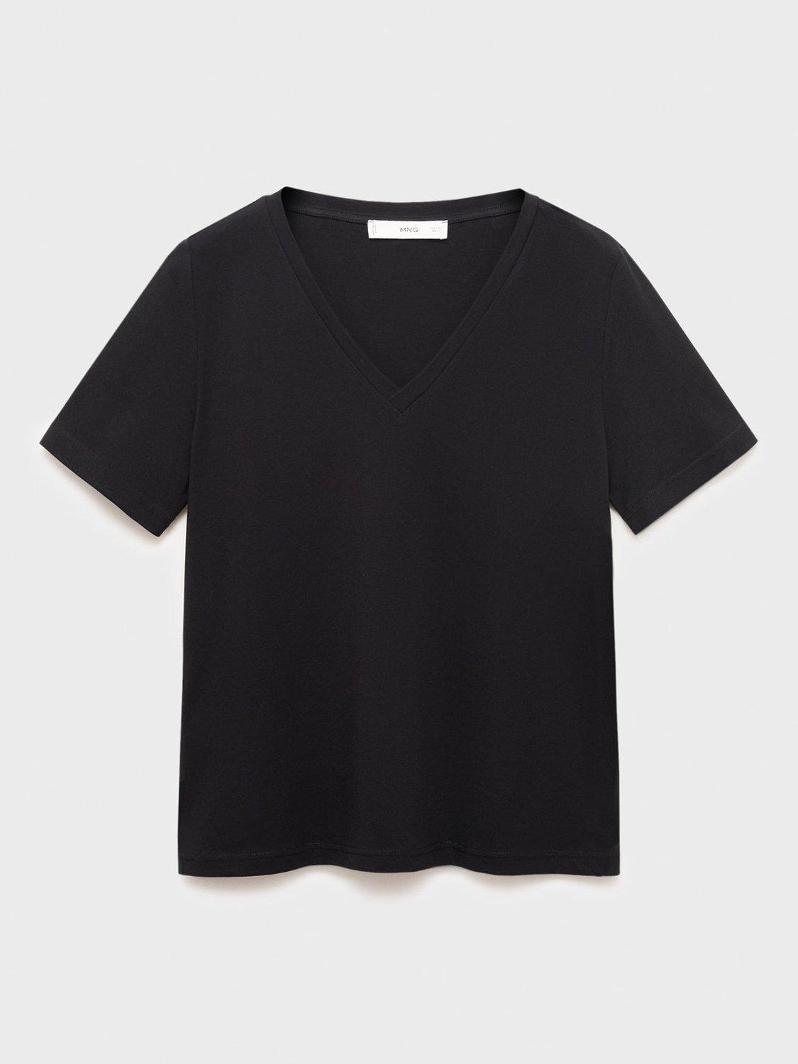 Product image 3 of 8, which shows Mango Chalspic Cotton Short Sleeve V Neck T-Shirt, Black, XS