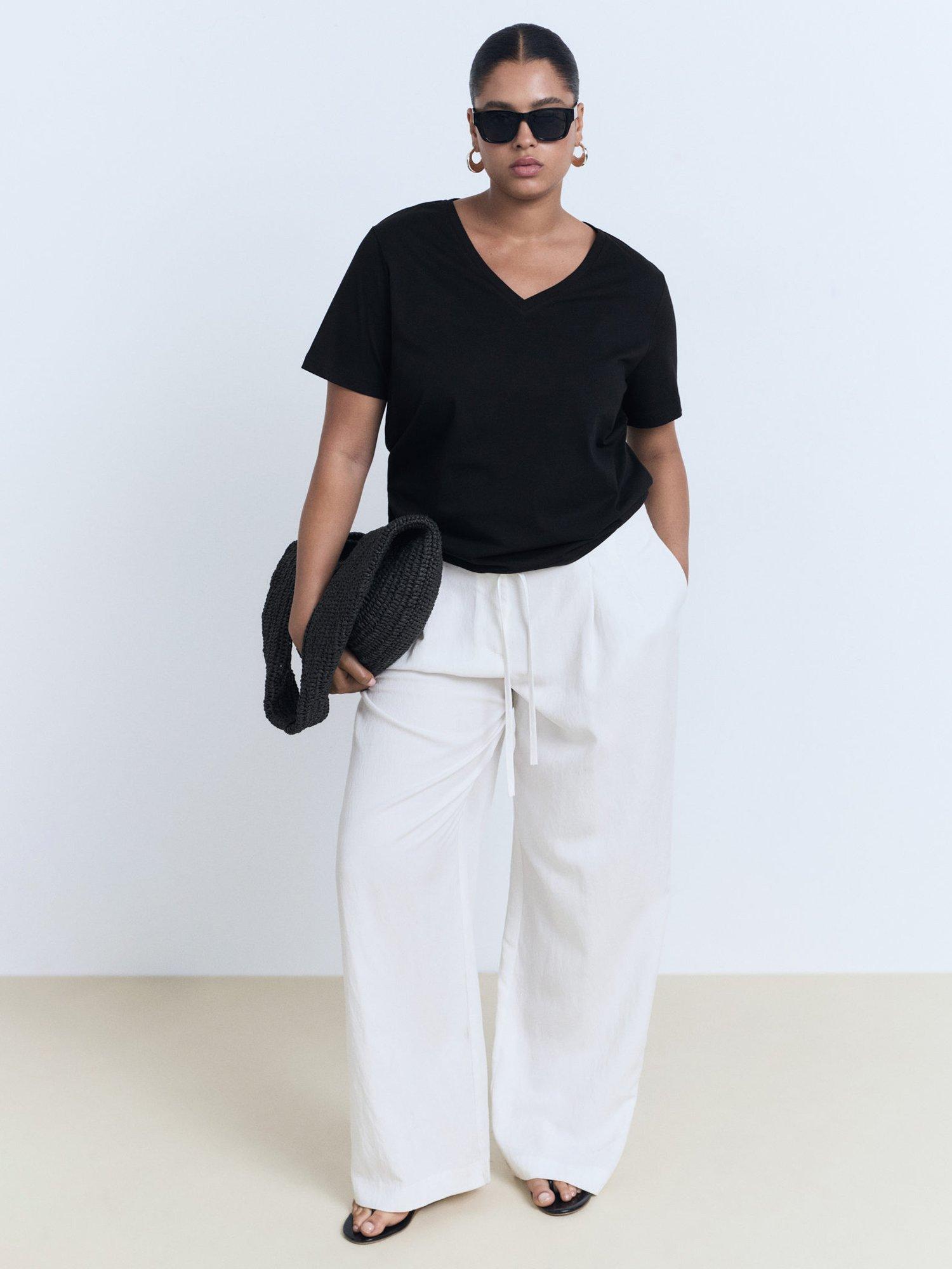 Product image 7 of 8, which shows Mango Chalspic Cotton Short Sleeve V Neck T-Shirt, Black, XS