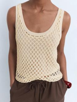 Mango Juancho Cotton Blend Scoop Neck Cami Vest, Light Beige