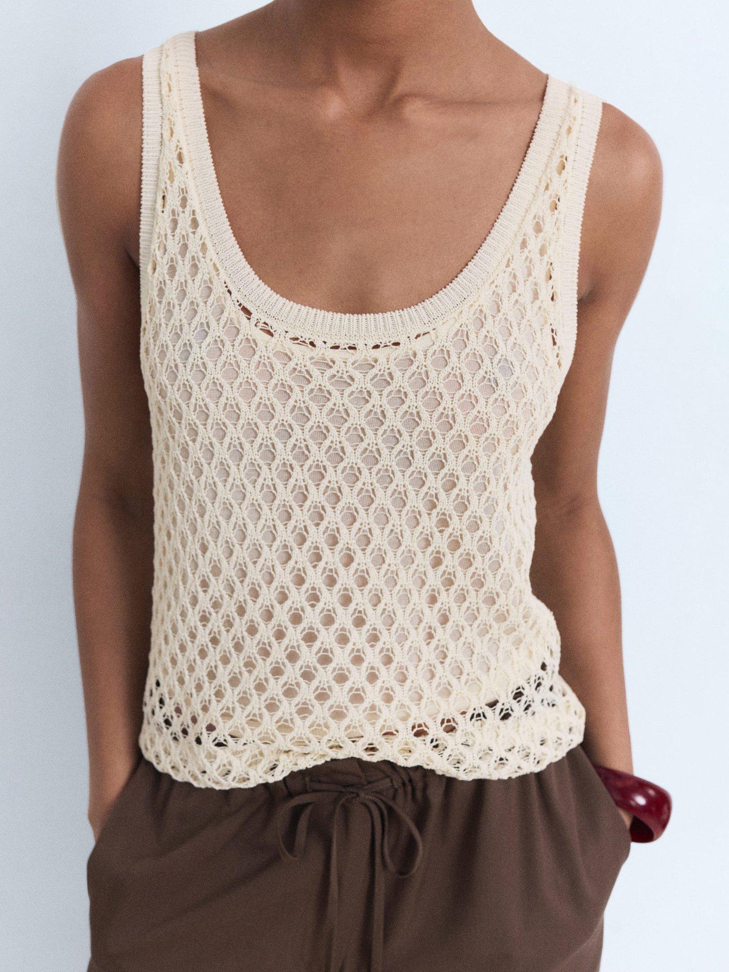 Product image 2 of 7, which shows Mango Juancho Cotton Blend Scoop Neck Cami Vest , Light Beige, L