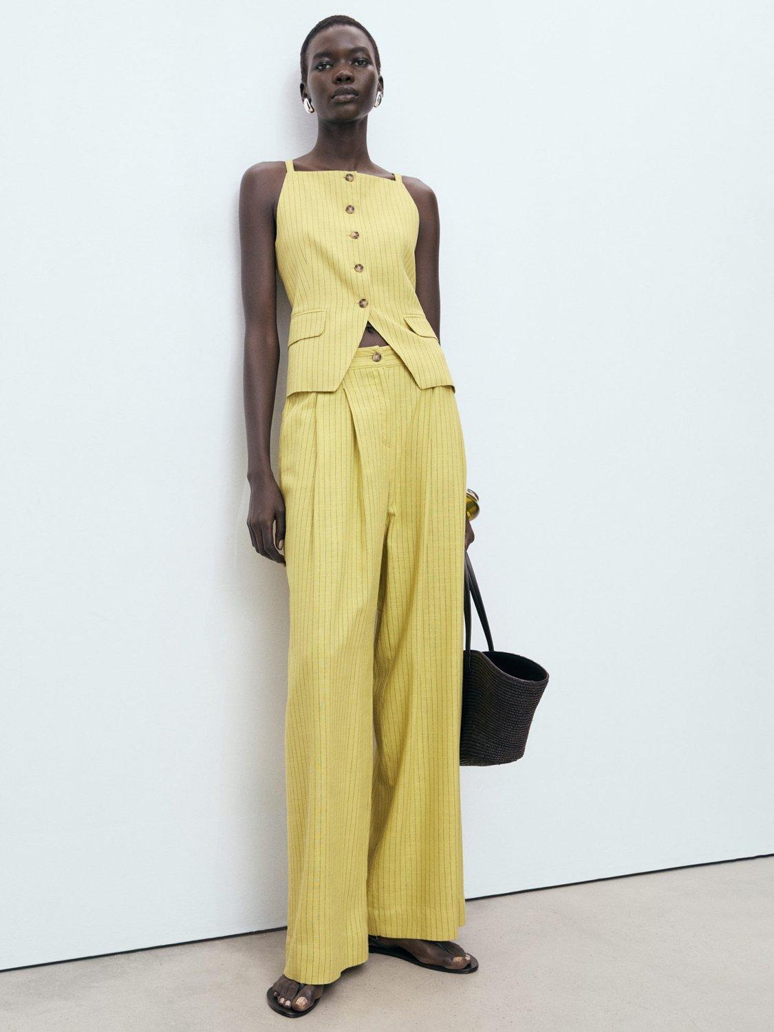 Product image 1 of 8, which shows Mango Luca Stripe Square Neck Sleeveless Vest, Bright Yellow, L