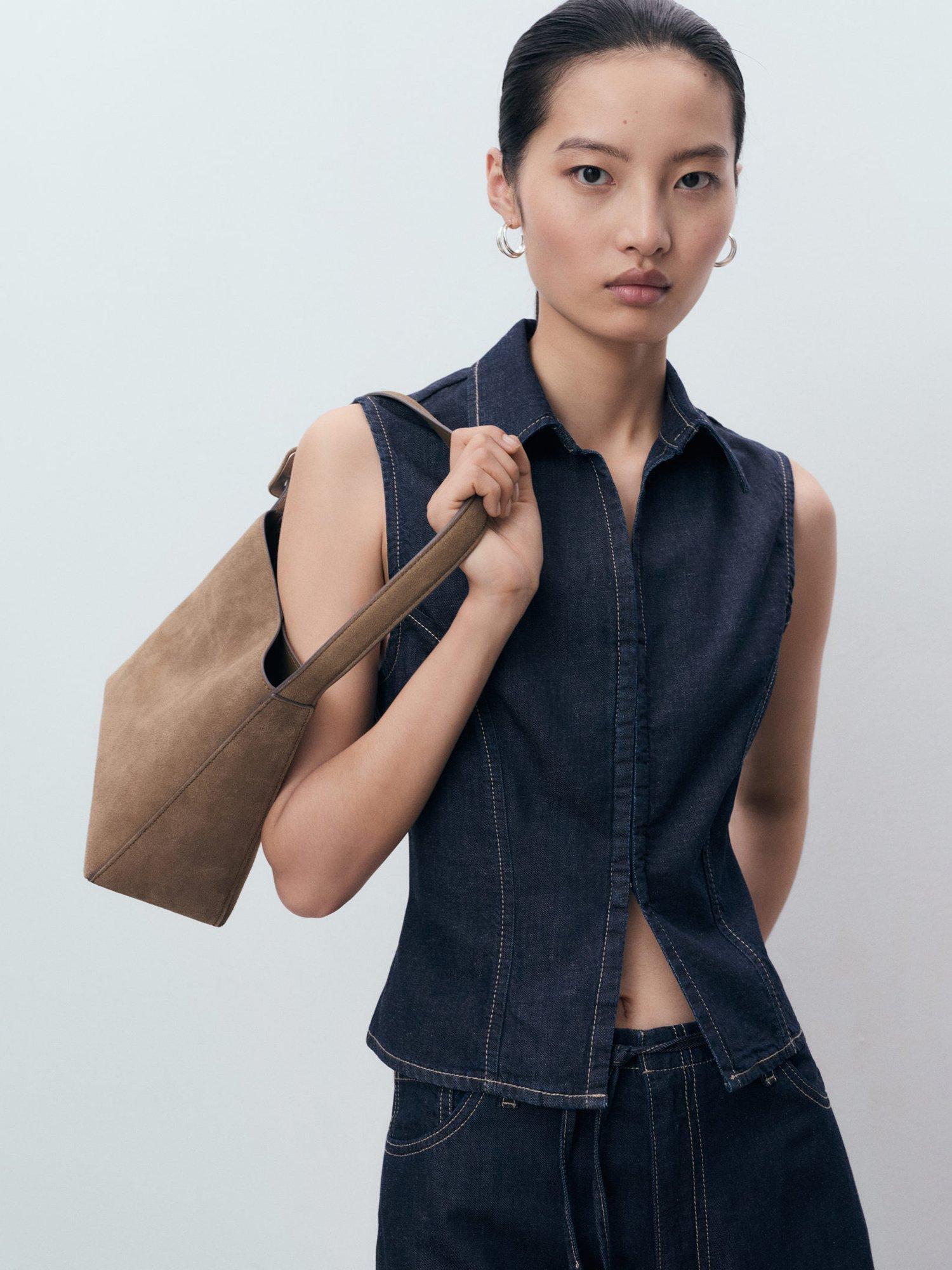 Product image 1 of 8, which shows Mango Maria Cotton Blend Sleeveless Collar Blouse, Dark Blue, M